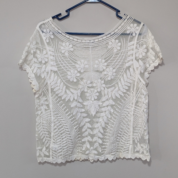 EXPRESS White Embroidered DAISY FLORAL Mesh Lace Boho Festival SHIRT TOP Large - Picture 4 of 8